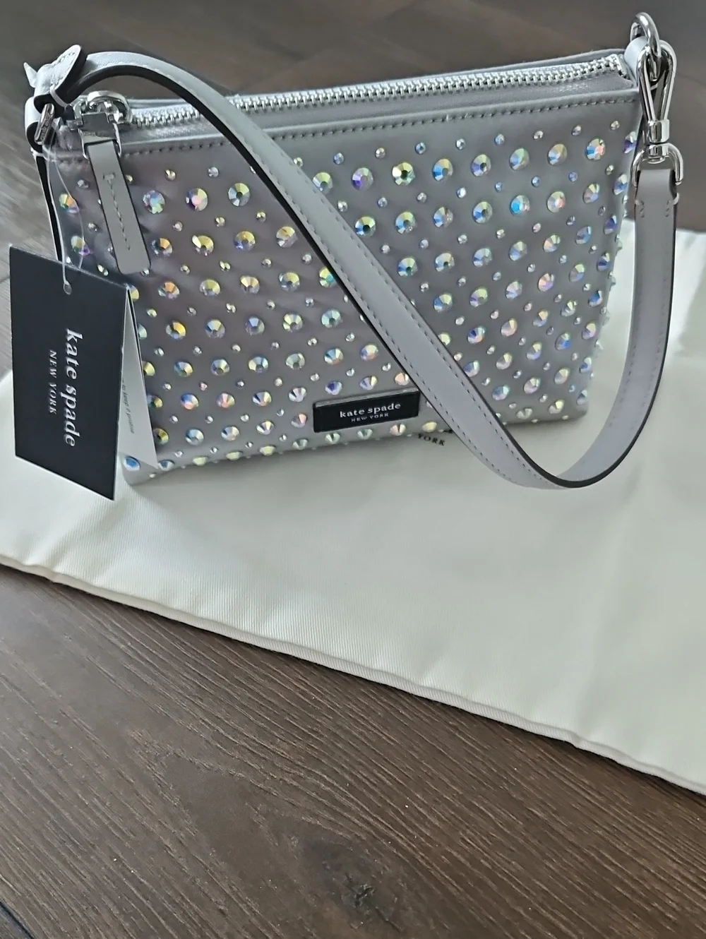 NWT Kate Spade Silver Lulu Crystal Embellished East West Pochette + Dusty
